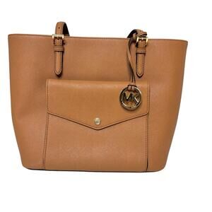 Michael Kors Tan Saffiano Leather Jet Set Large Pocket Multi Function Tote